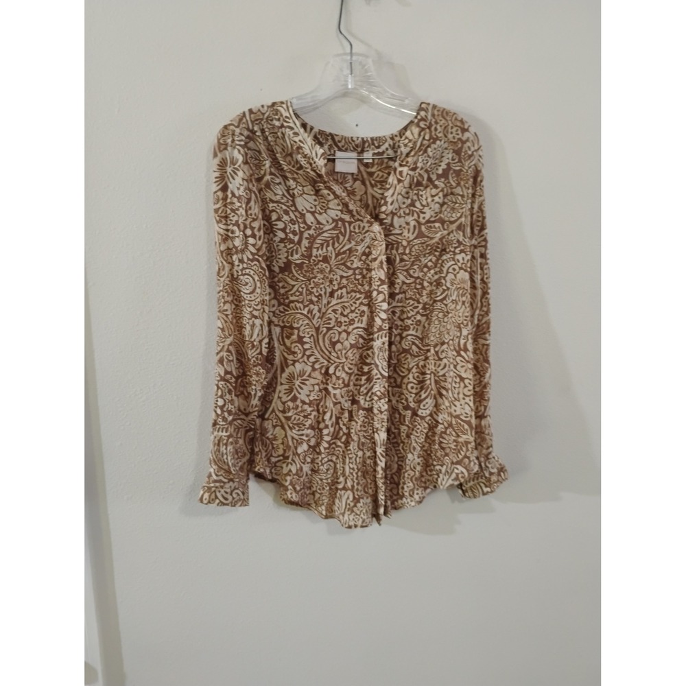 Zac & Rachel Womens Brown Cream Paisley Floral V-Neck Long Sleeve Blouse Small